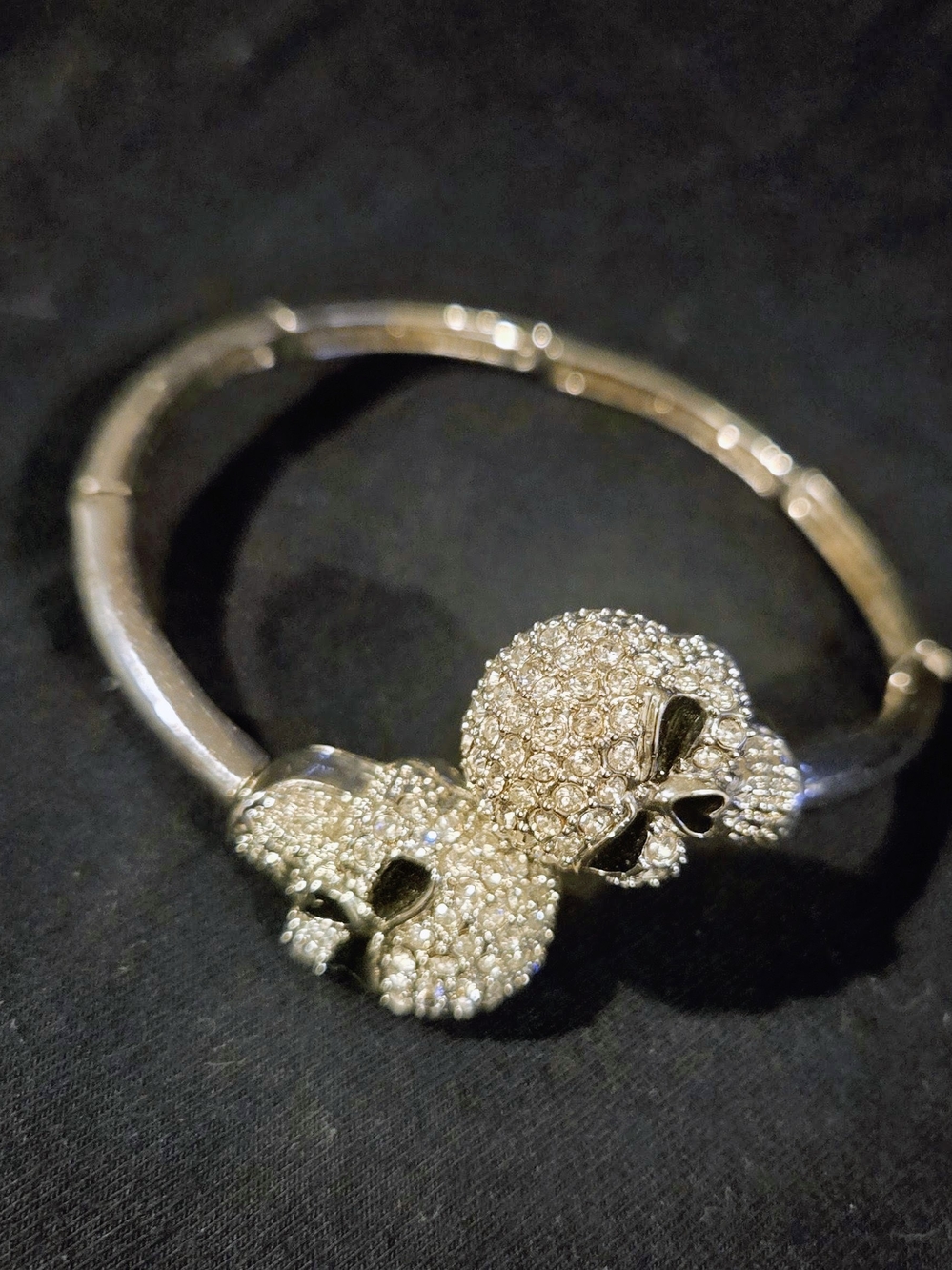 Rhinestone & Silver Skull Hinged Bracelet